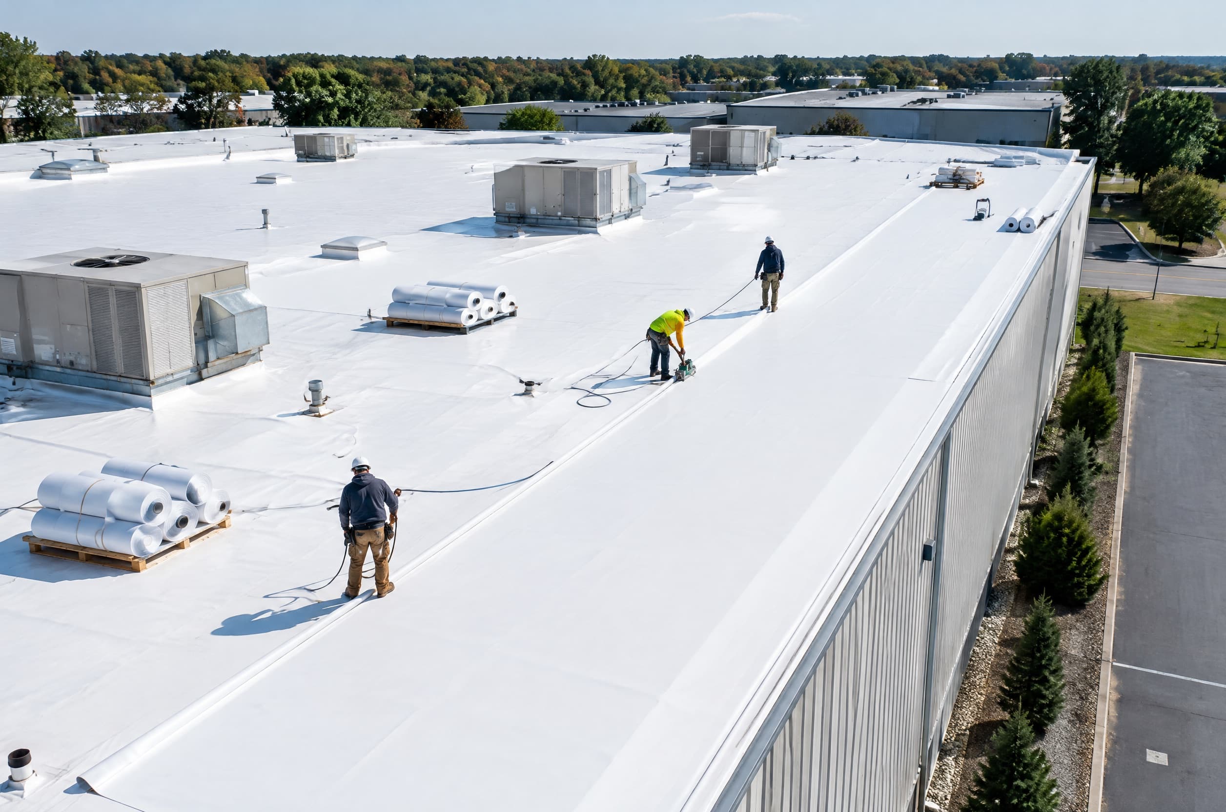 Low-slope commercial building with a white single-ply membrane roof and rooftop units