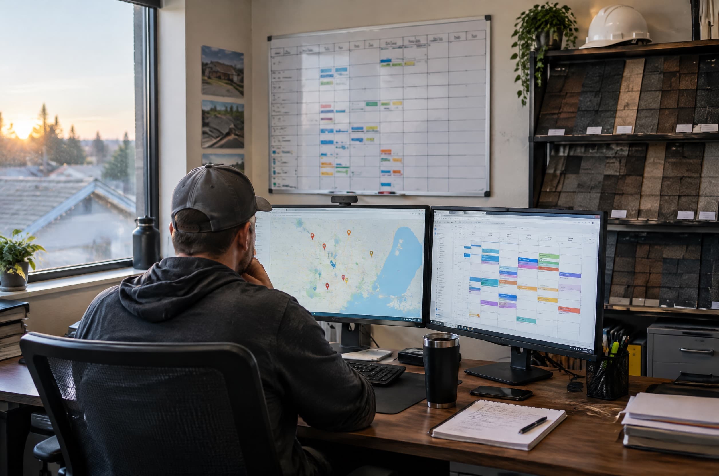 Roofing office sales desk with a CRM on screen
